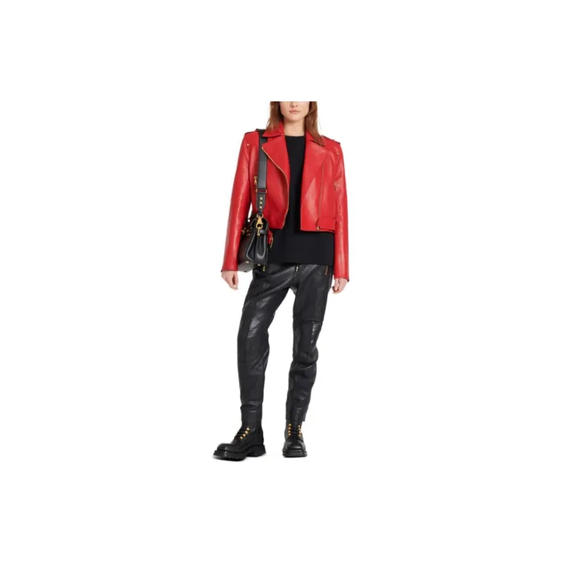 BALMAIN Leather Jackets Women's Red-3