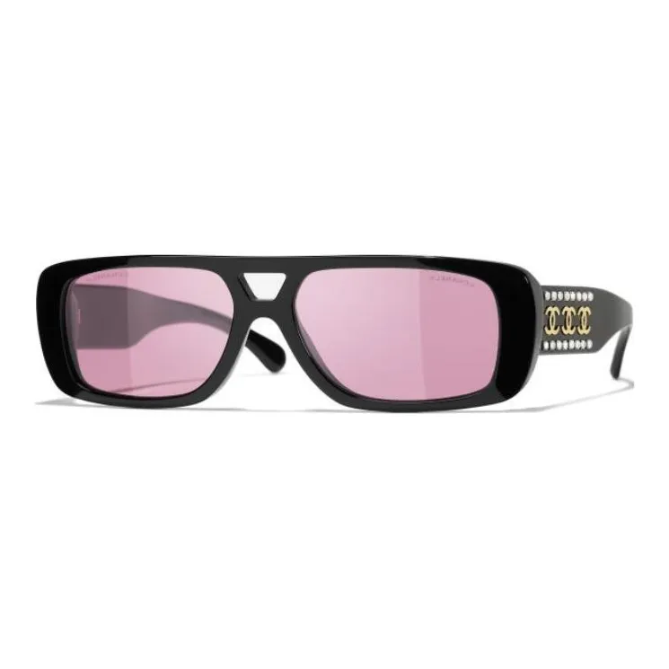 CHANEL Resin Rhinestone Aviator Sunglasses Women's Black-0