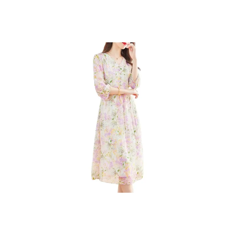 Yi Mengyuan Lace Up Silk Short Sleeved Dress Women's Light Purple-3