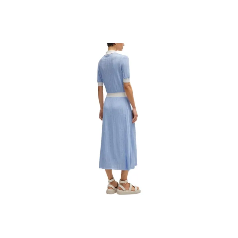 HUGO BOSS Linen Blend Dress With Button Placket Short Sleeved Dress Women's Blue-2