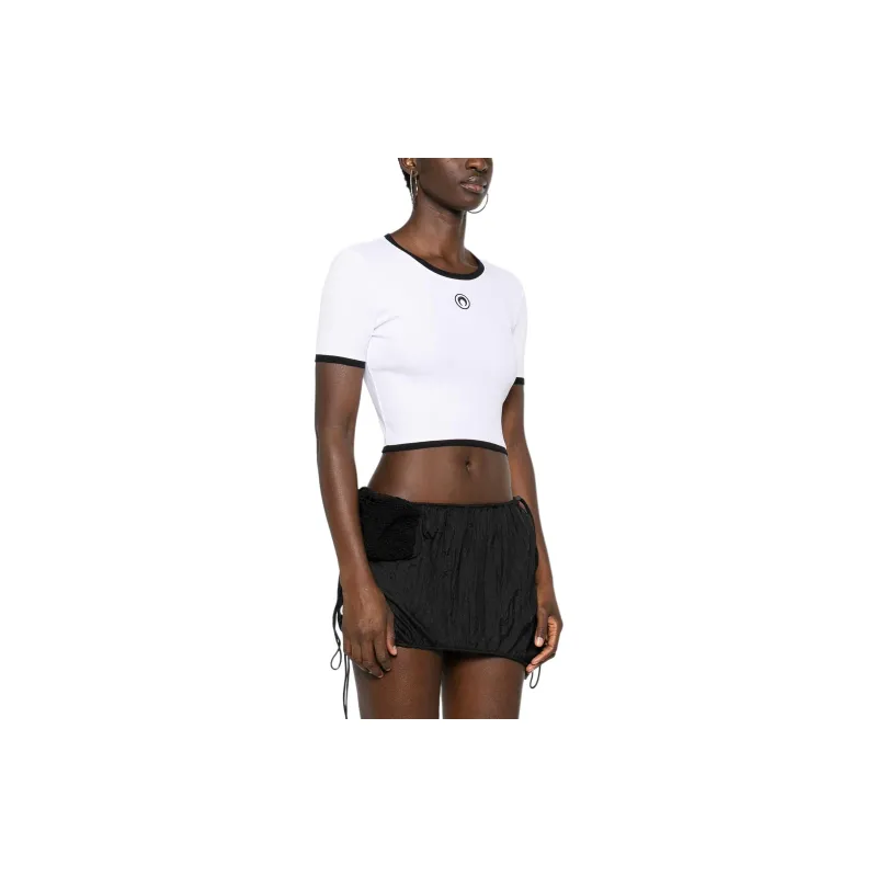 Marine Serre Logo Embroidered Cropped Jersey T Shirt-3