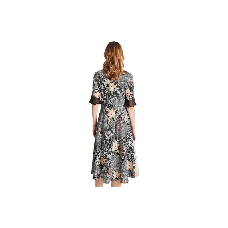 PALUOPO Short-Sleeved Dresses Women's Yellow And Black Clip-On Flowers-0