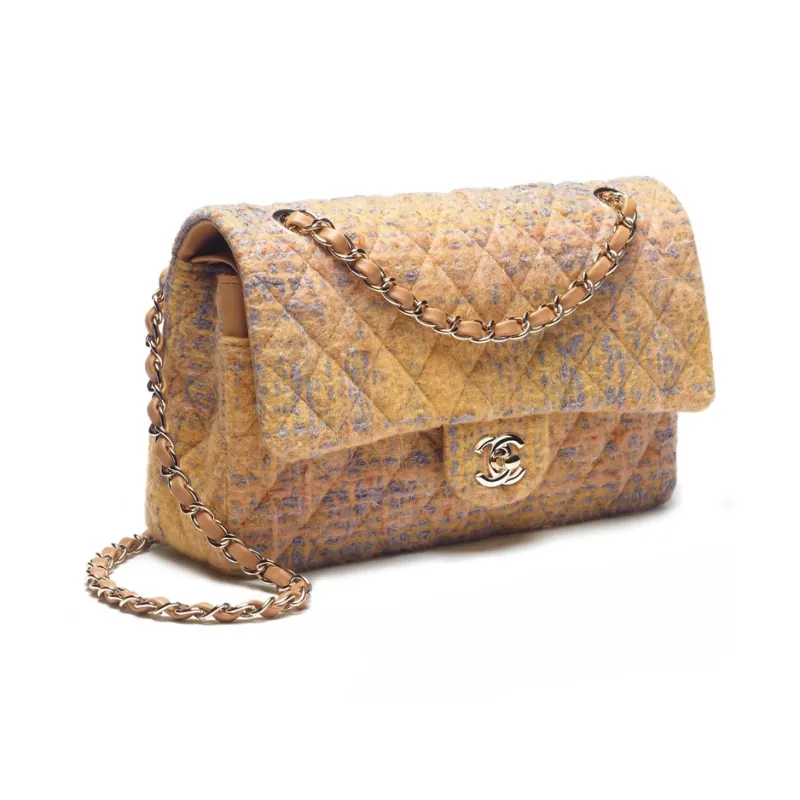 CHANEL Classic Flap CF Tweed Twill Portable Crossbody Bag, Shoulder Bag Women's Orange & Gray & Yellow-1