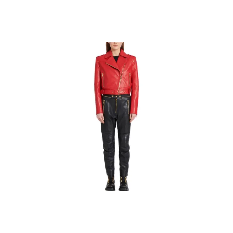 BALMAIN Leather Jackets Women's Red-1