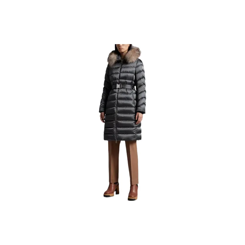 Moncler FW22 Solid Color Hooded Thickened Mid Length Down Jacket Women's Gray-3