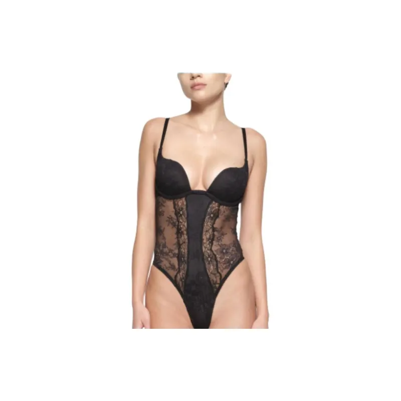 SKIMS ULTRA FINE LACE LINED PLUNGE BODYSUIT Jumpsuit Women's ONYX/Onyx-1