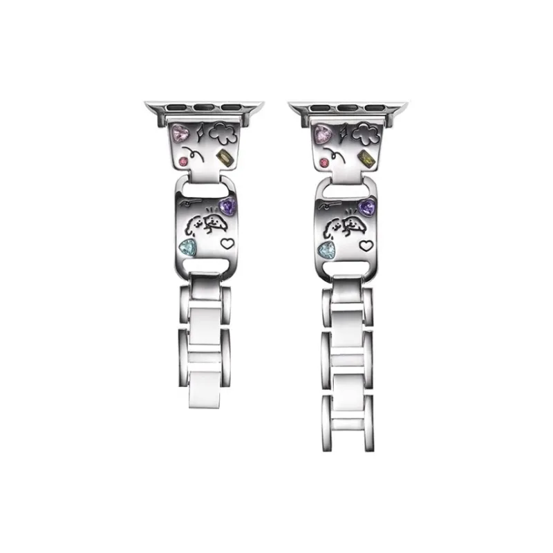 FZRT Watch Bands Dopamine Dressing Colored Rhinestone Print Puppy Metal Steel Band Unisex-5