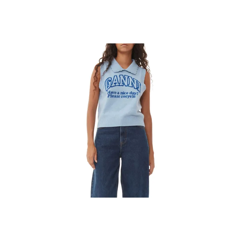 GANNI Re-Cut Blue Graphic Vest Tank Tops Women's Blue-2