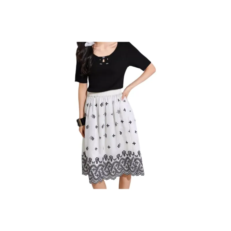 VILAN Casual Long Skirts Women's Black Floral-0