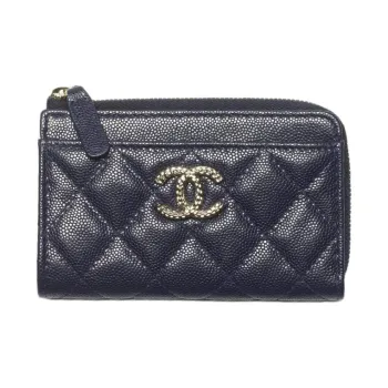 CHANEL Grain Calfskin Card Holder Women's Marine Blue