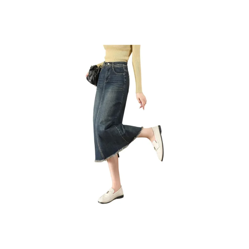 TERRE BLEUE Denim Long Skirts Women's Dark Blue-3