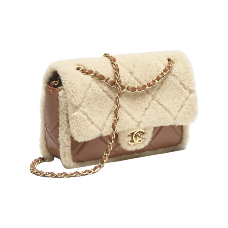 CHANEL Lambskin Crossbody Bag, Shoulder Bag Women's Beige & Brown-1