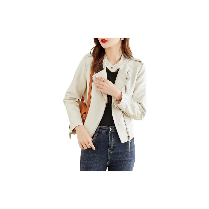 TERRE BLEUE Leather Jacket Women's Ecru-1