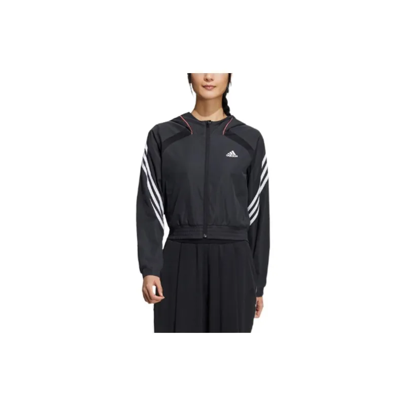 adidas Women'ss Logo Letter Print Three-Stripe Hooded Jacket Black-1