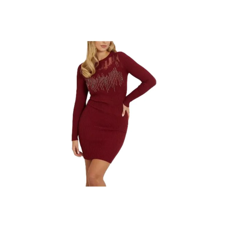 GUESS Rhinestones Mini Sweater Dress Long-Sleeved Dresses Women's Brick Red-2