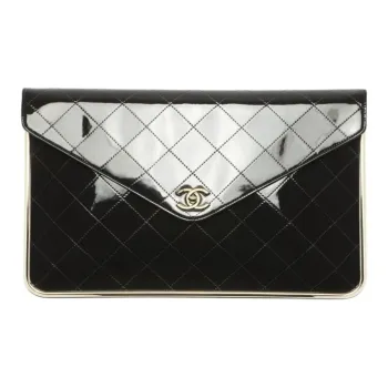 CHANEL Calf Patent Leather Clutch Tubas Women's Black