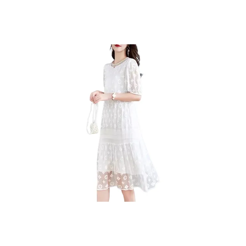 Yi Mengyuan Silk Short Sleeved Dress Women's White-3