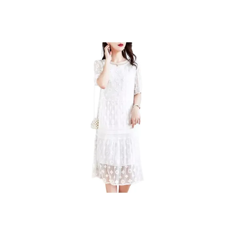 Yi Mengyuan Silk Short Sleeved Dress Women's White-1