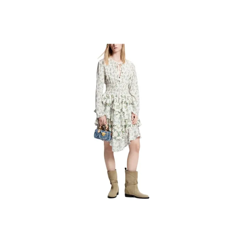 LOUIS VUITTON Floral Print Long Sleeved Tiered Dress-1