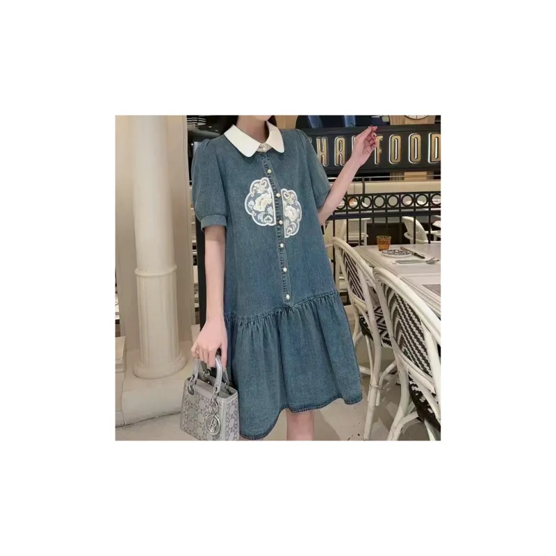 Icicofficial Short Sleeved Dress Women's Multicolor Denim Dress-4