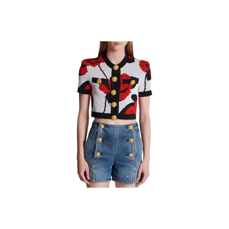 BALMAIN Floral jacquard Cropped Cardigan-4