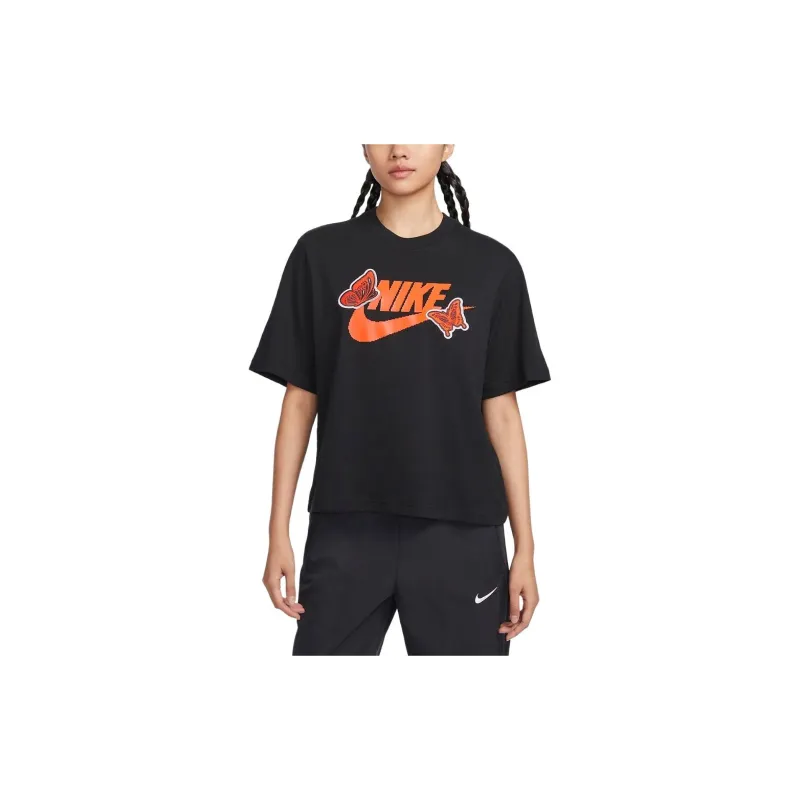 Nike Women'ss Logo Print Sporty Breathable T-Shirt Black-3