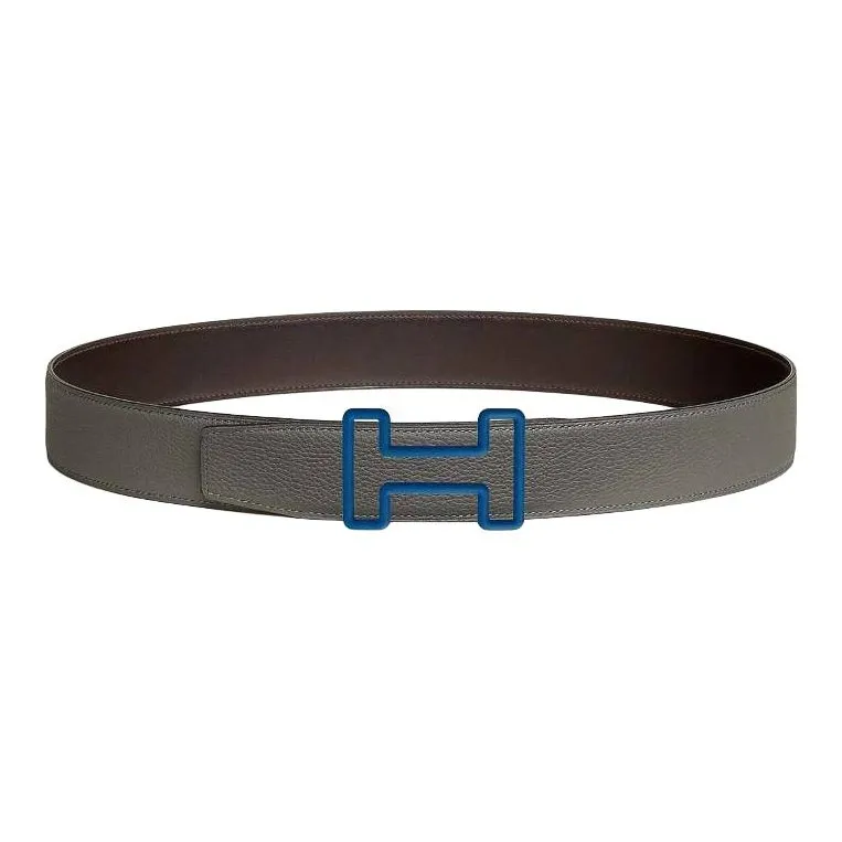 HERMES Calfskin Leather Belts Men's Brown Gray Width: 3.8CM-1