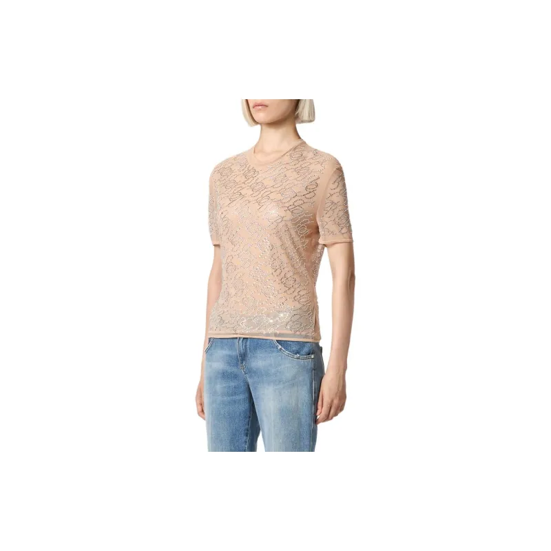Blumarine Tulle T-Shirt With Embroidery Rhinestone B Monogram T-Shirt Women's Pink-4