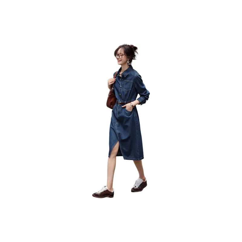 Mo Han Yi Mei Long Sleeved Dress Women's Denim Blue-2