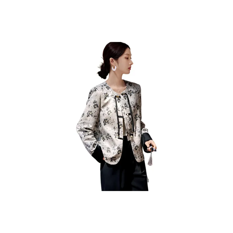 XWI Jackets Coats Women's Beige Base With Black Flowers-1