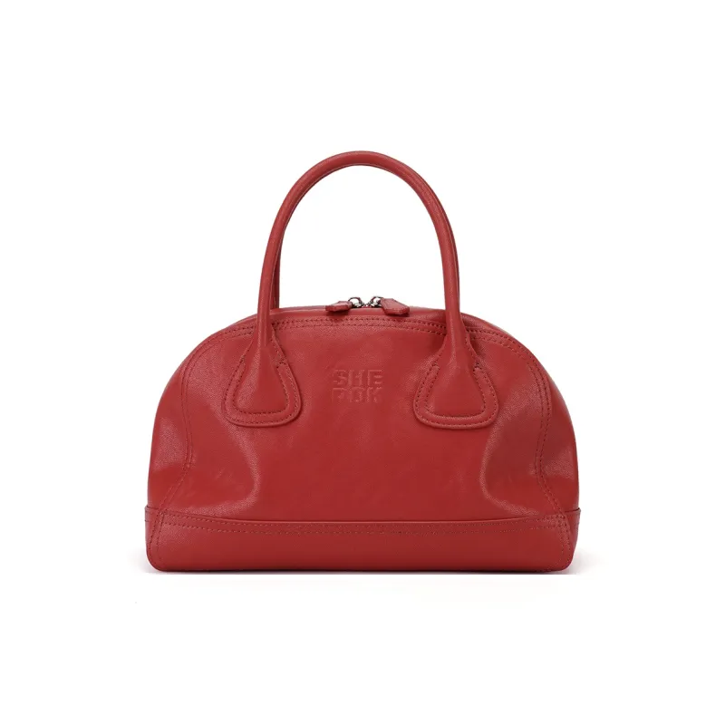 SHEPOK Vegetable Tanned Cow Leather Bowling Bag Shoulder Bag Handbag Women's Coffee/Black/Burgundy/China Red-10