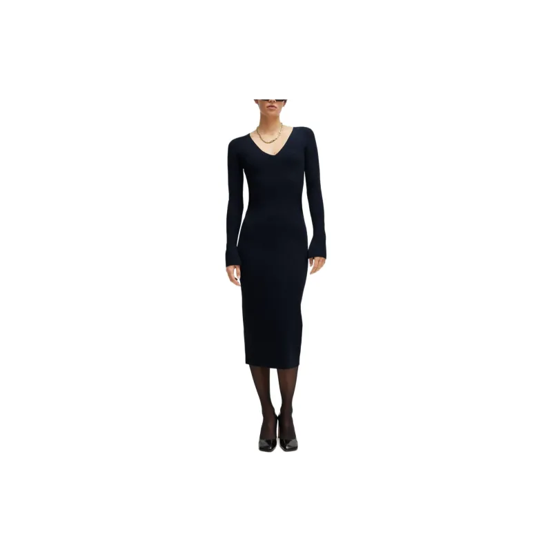 HUGO BOSS Long-Sleeved KnittEDed Dress With Ribbed Steucture Long-Sleeved Dresses Women's Dark Blue-1