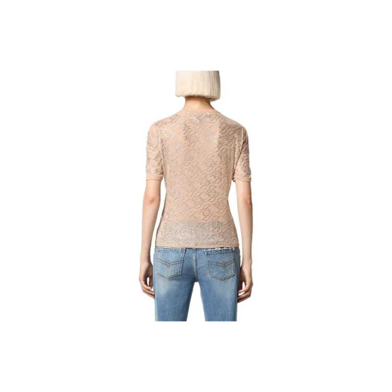 Blumarine Tulle T-Shirt With Embroidery Rhinestone B Monogram T-Shirt Women's Pink-3