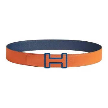 HERMES Calfskin Leather Belts Men's Orange Blue Width 3.8CM