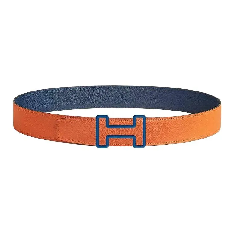 HERMES Calfskin Leather Belts Men's Orange Blue Width 3.8CM-0