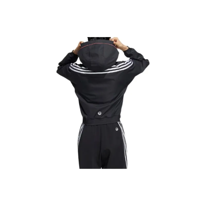 adidas Women'ss Logo Letter Print Three-Stripe Hooded Jacket Black-2