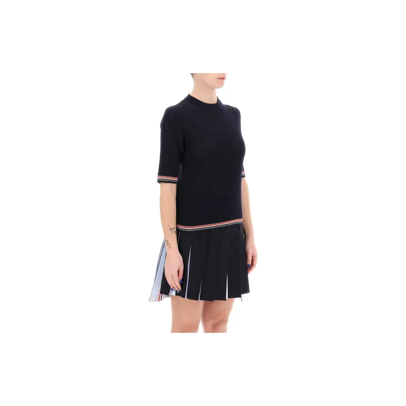 THOM BROWNE Rwb Stripe Pointelle Knit Crewneck Top-1