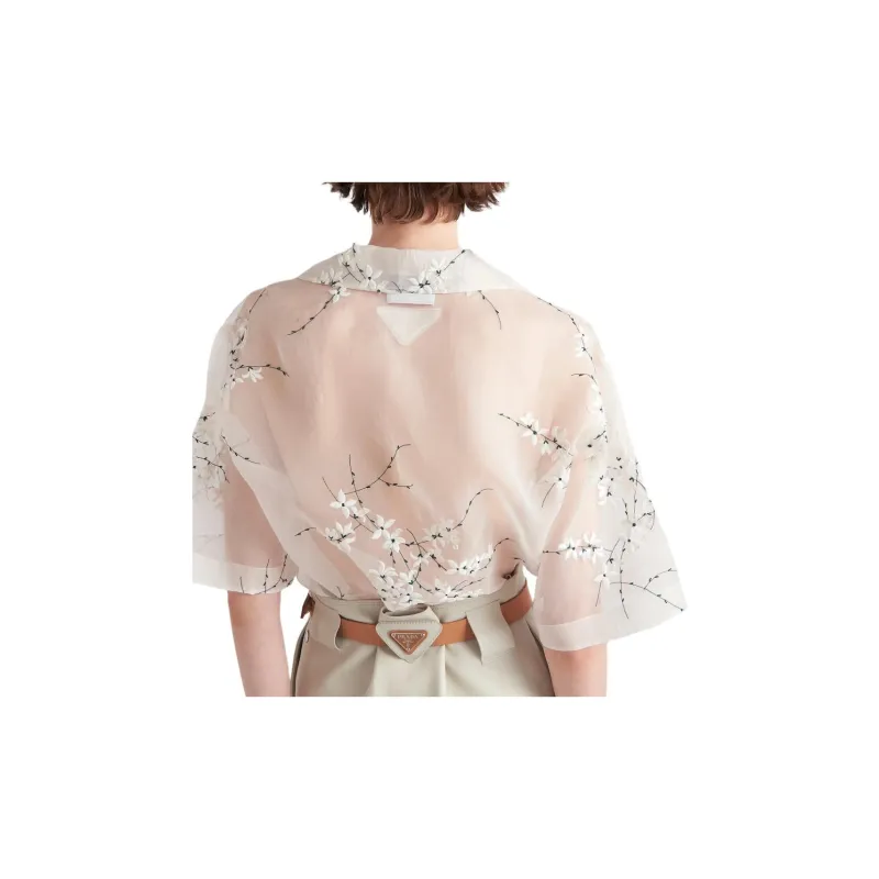 PRADA Floral Embroidered Drop Shoulder Sheer Shirt-3