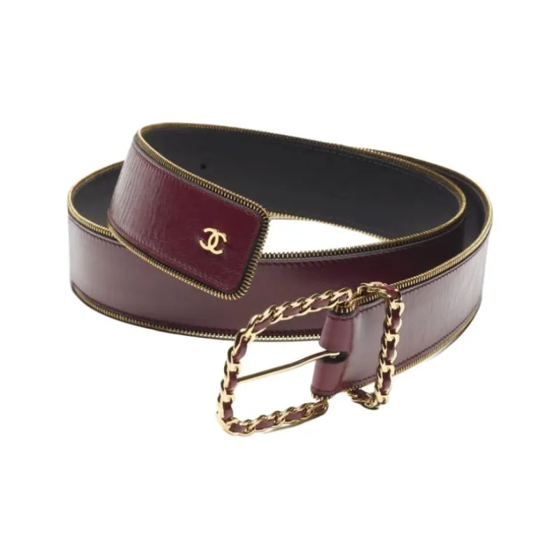 CHANEL Sheepskin Metal Leather Belts Unisex Burgundy --1