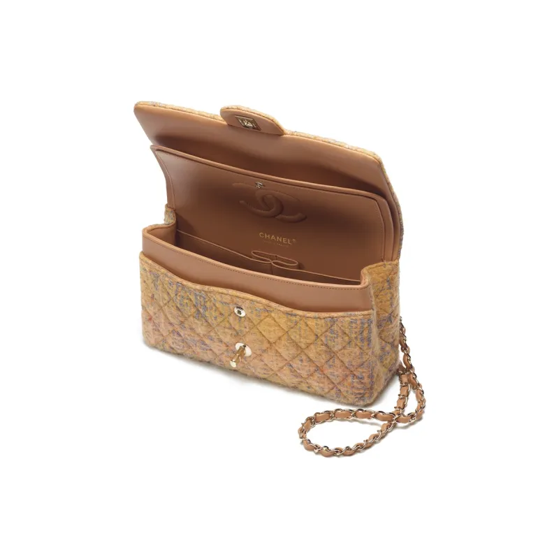 CHANEL Classic Flap CF Tweed Twill Portable Crossbody Bag, Shoulder Bag Women's Orange & Gray & Yellow-2