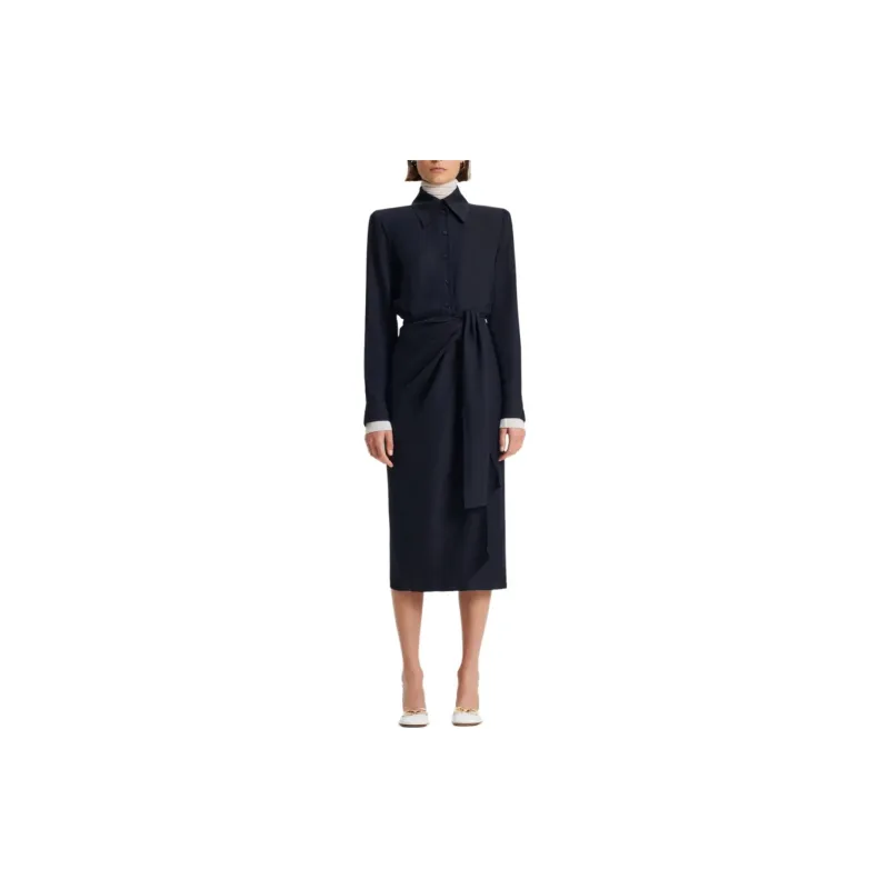 SCANLAN THEODORE Silk Jaquard Wrap Dress Long-Sleeved Dresses Women's Navy/Marine Blue-1