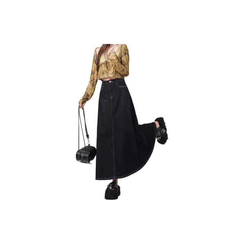 Kazakhstan Denim Long Skirts Women's Dark Blue-3