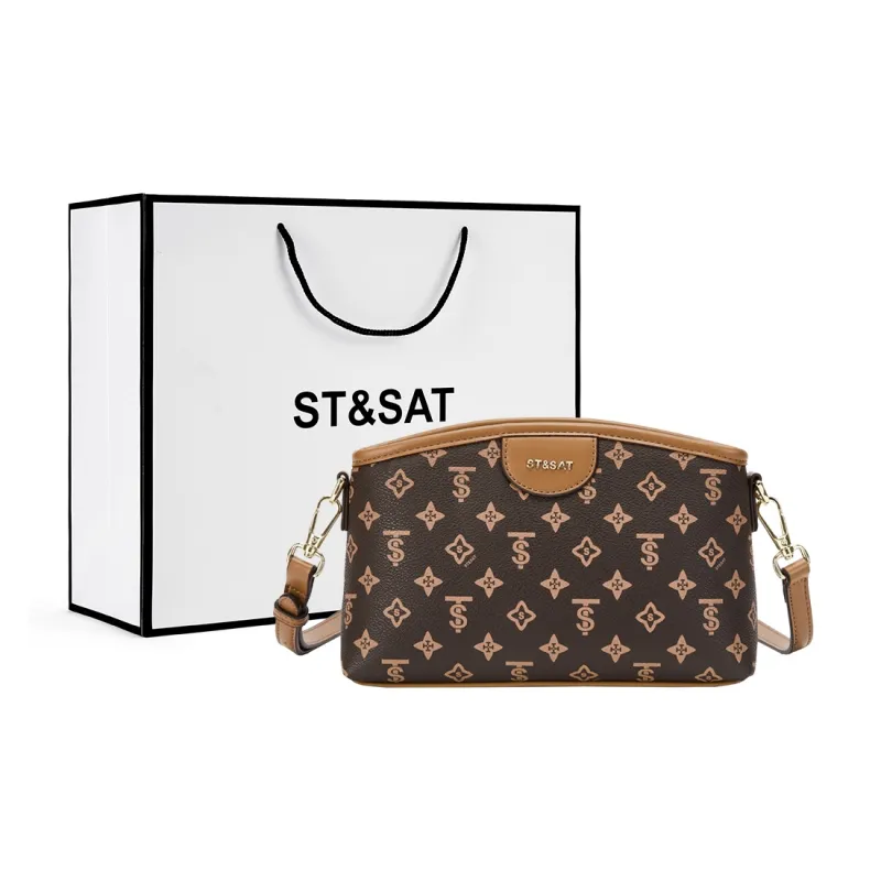 ST&SAT PVC With Synthetic Leather Crossbody Bag, Shoulder Bag Medium Size Women's Coffee/Apricot-0