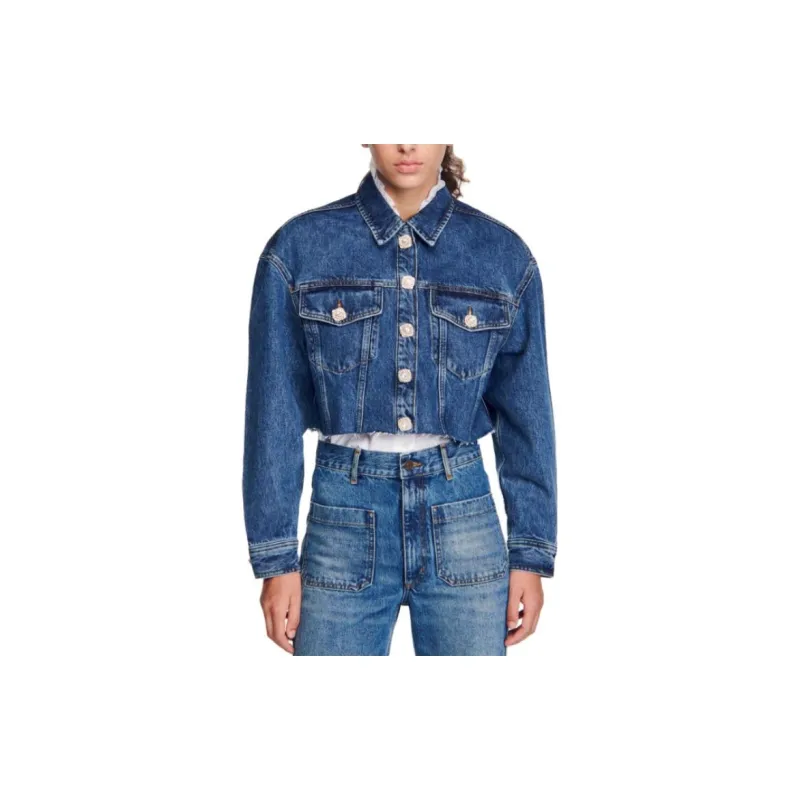 Sandro Crystal-buttons Cropped Denim Jacket-1