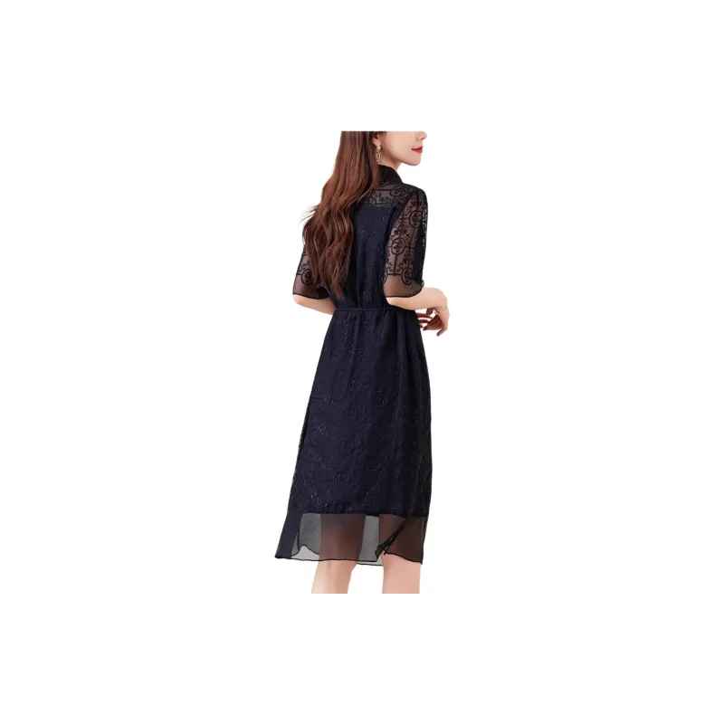 Yi Mengyuan Silk Short Sleeved Dress Women's Black-5