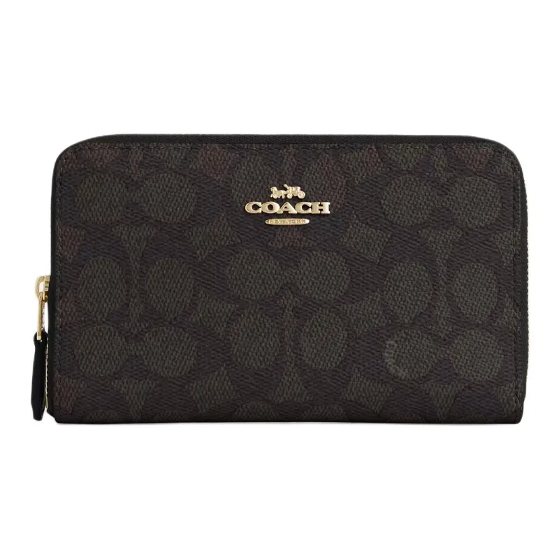 COACH SignatureCanvas Coated Canvas Wallet Medium Size Women's Walnut Wood & Black-0