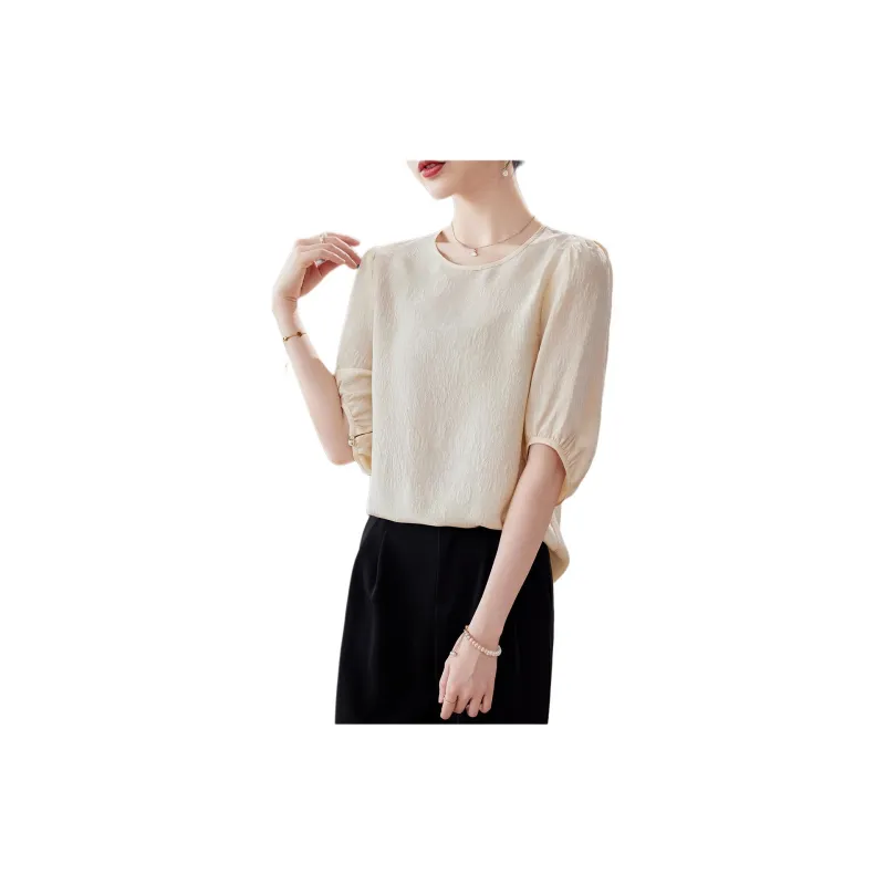 Yi Mengyuan Solid Color Crew Neck Slim Fit Elbow Length Sleeved Shirt Silk T shirt Women's-2