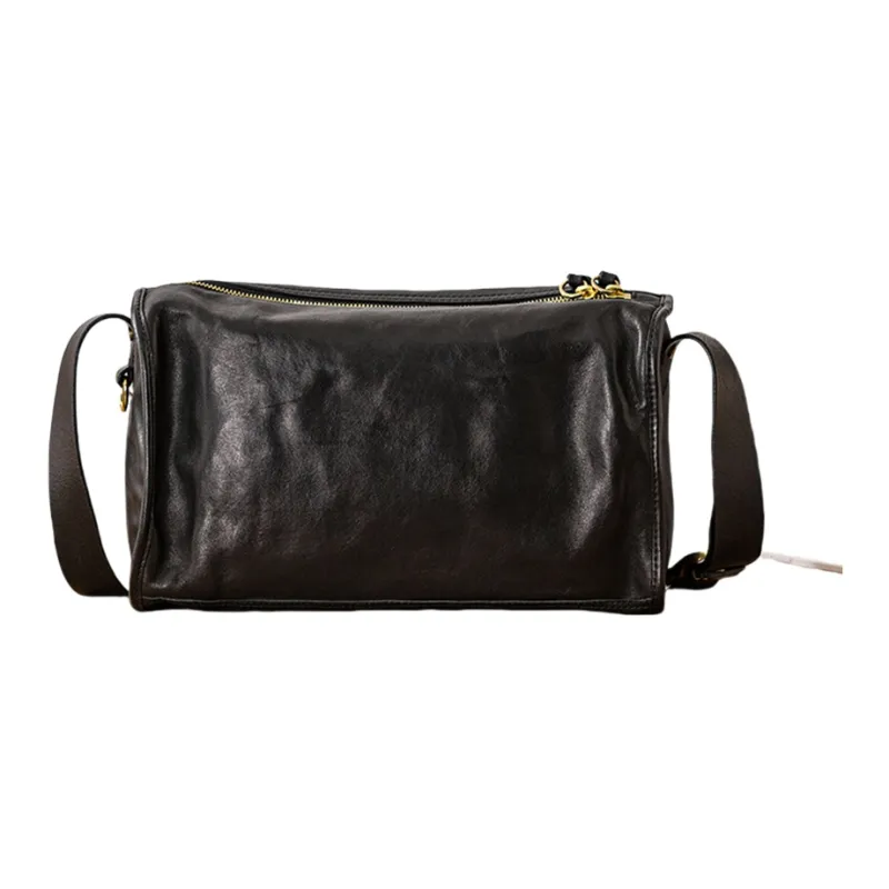 Back Step Top Grain Cow Leather Genuine Leather Vegetable Tanned Soft Leather Crossbody Bag Regular Unisex Black-2