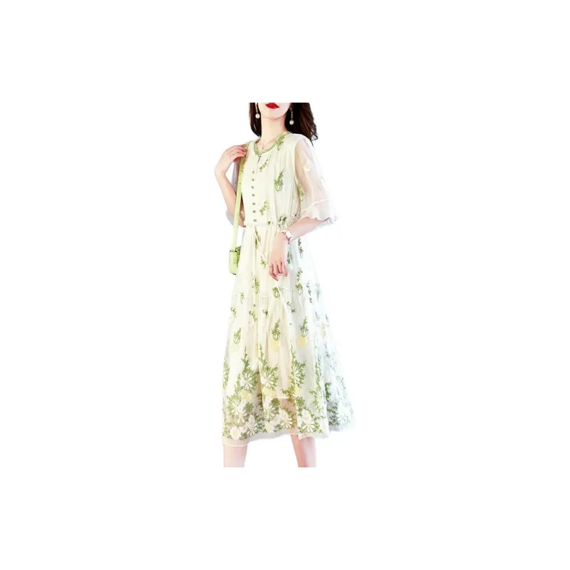 Yi Mengyuan Lace Up Silk Short Sleeved Dress Women's Green-5