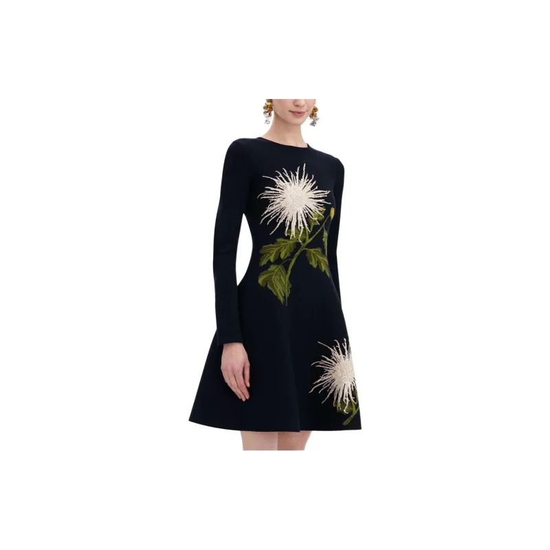 Oscar De La Renta Chrysanthemum Jacquard Long sleeved Dress-4